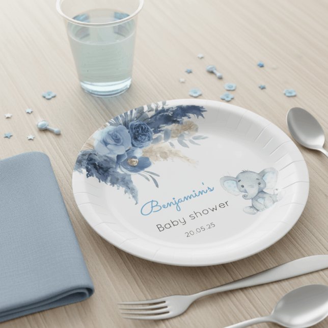 Watercolor Elephant Baby Shower Plates for Boys (Creator Uploaded)