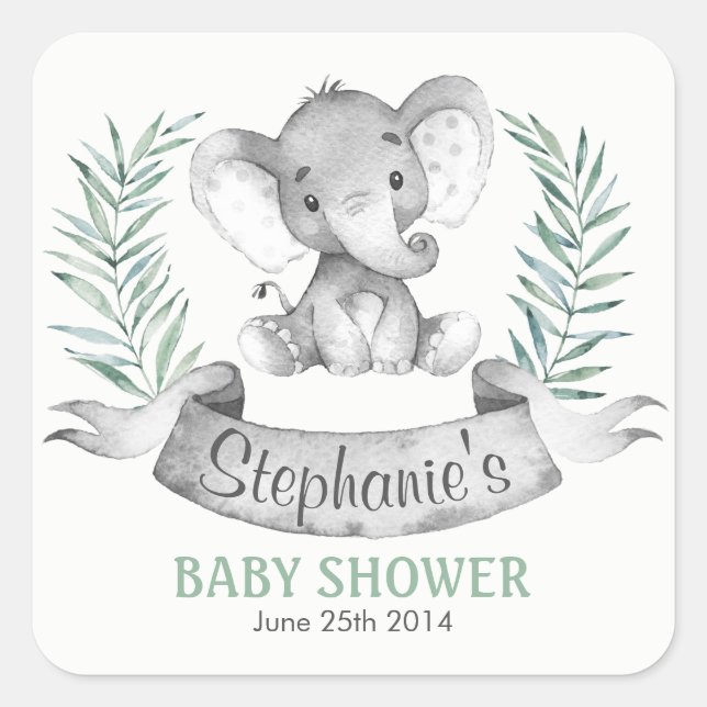 Watercolor Elephant Baby Shower Square Sticker (Front)