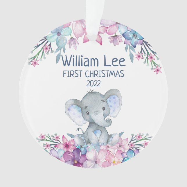 Watercolor Elephant Baby's 1st Christmas Photo Ornament (Front)