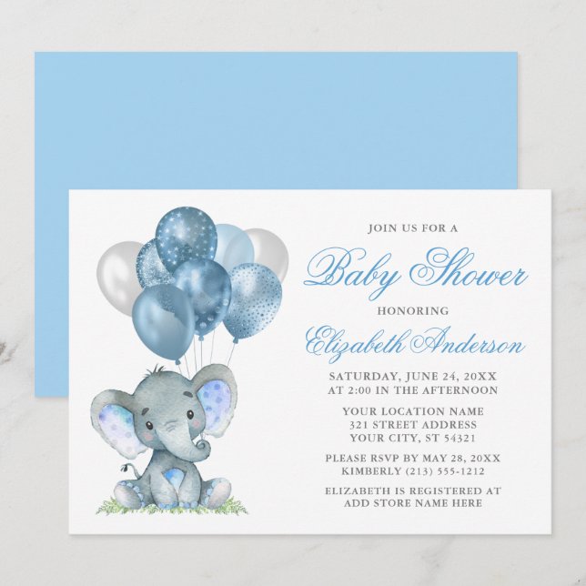 Watercolor Elephant Balloons Baby Shower Blue Invitation (Front/Back)