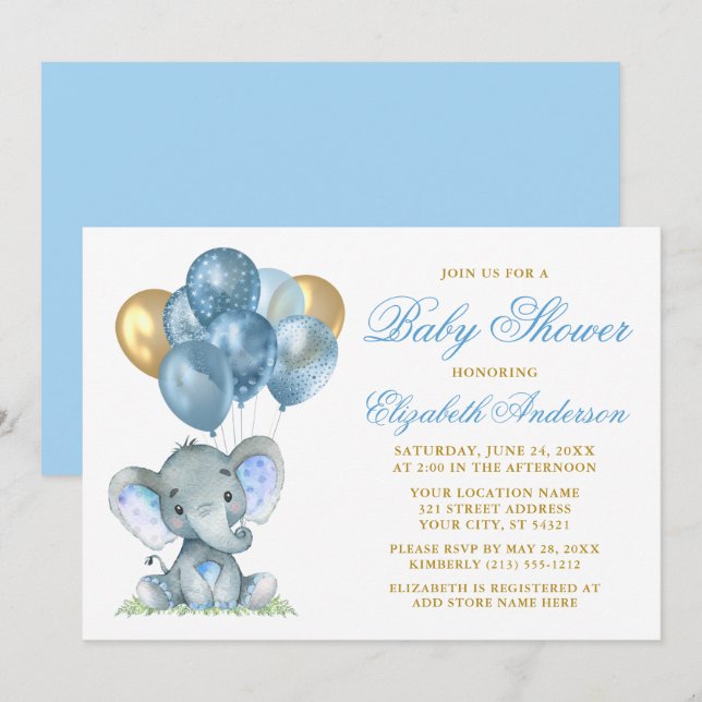 Watercolor Elephant Balloons Shower Blue Gold Invitation (Front/Back)