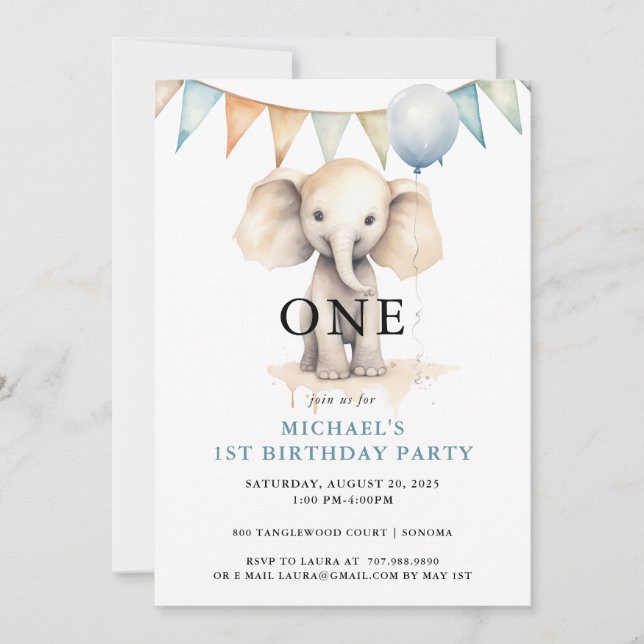 Watercolor Elephant Blue 1st Birthday Invitation (Front)