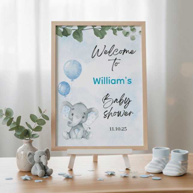 Watercolor Elephant Blue Baby Shower Welcome Sign (Creator Uploaded)