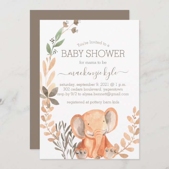 Watercolor Elephant Boho Safari Baby Shower (Front/Back)
