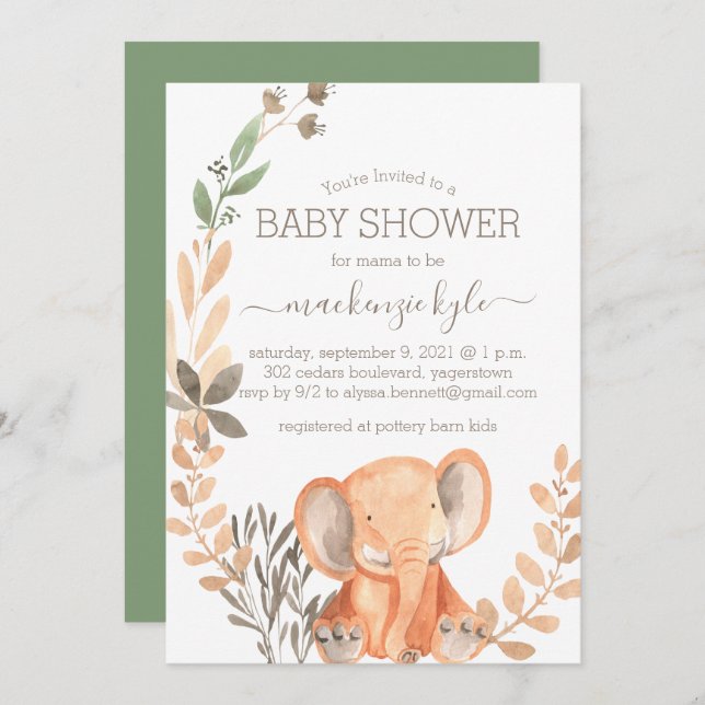 Watercolor Elephant Boho Safari Baby Shower (Front/Back)