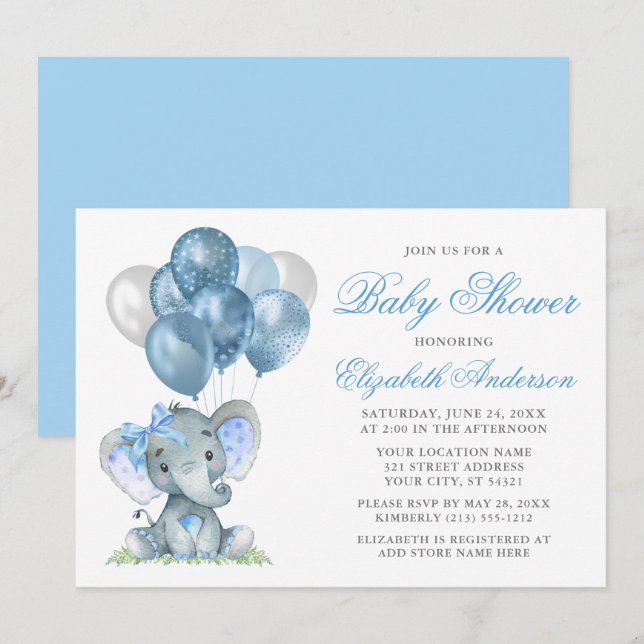 Watercolor Elephant Bow Balloons Baby Shower Blue Invitation (Front/Back)