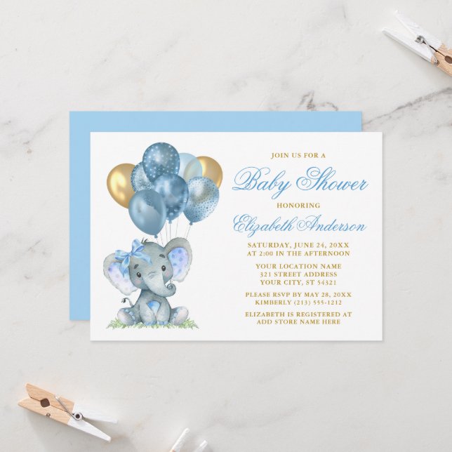 Watercolor Elephant Bow Balloons Shower Blue Gold Invitation (Front/Back In Situ)