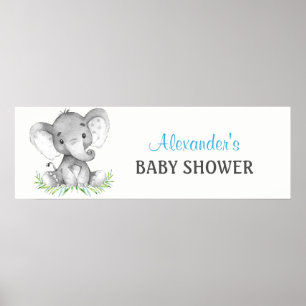 Watercolor Elephant Boy Baby Shower Banner Poster