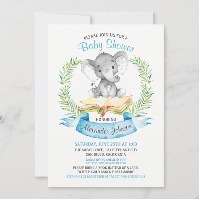 Watercolor Elephant Boy Baby Shower Book Invitation (Front)