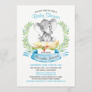 Watercolor Elephant Boy Baby Shower Book Invitation