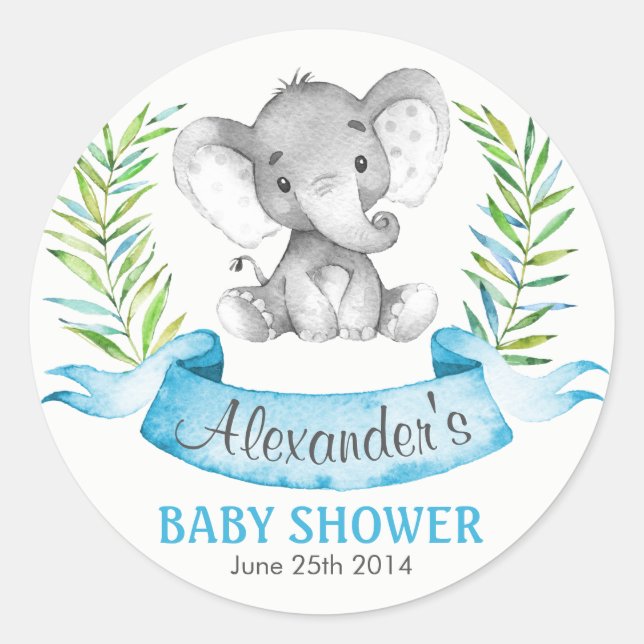 Watercolor Elephant Boy Baby Shower Classic Round Sticker (Front)
