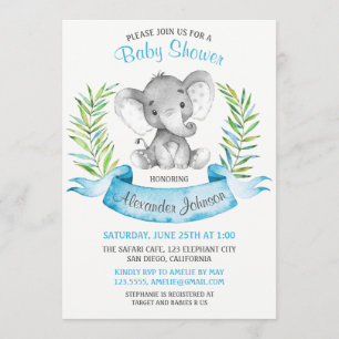 Watercolor Elephant Boy Baby Shower Invitation