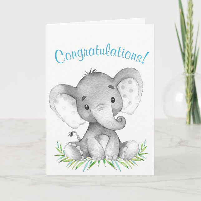 Watercolor Elephant Boy Congratulations Card (Front)