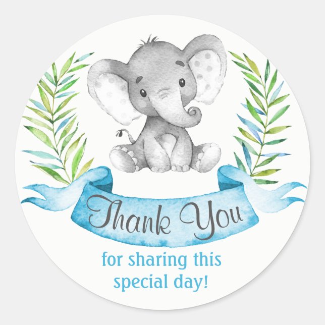 Watercolor Elephant Boy Thank You Classic Round Sticker (Front)