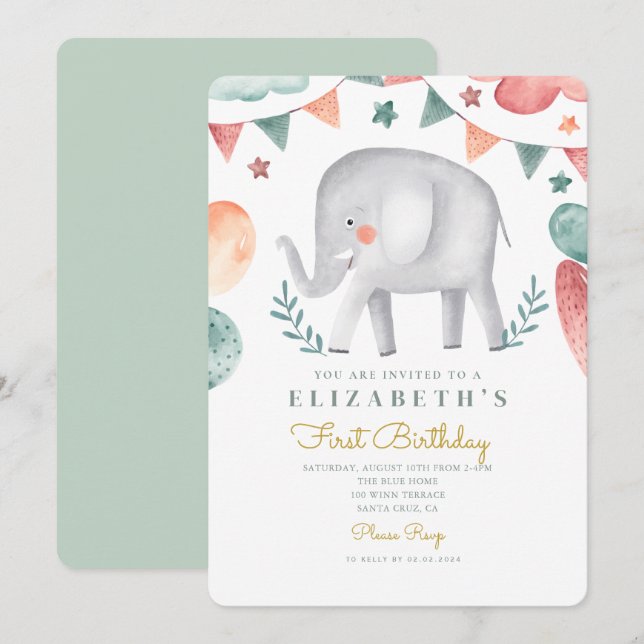 Watercolor Elephant Cute  Baloons 1st Birthday  Invitation (Front/Back)