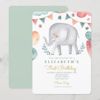 Watercolor Elephant Cute  Baloons 1st Birthday 