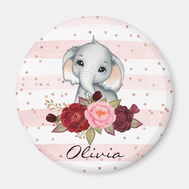 Watercolor Elephant Cute Pink Baby Girl Magnet (Front)