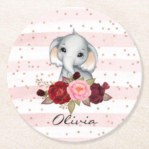 Watercolor Elephant Cute Pink Baby Girl Round Paper Coaster