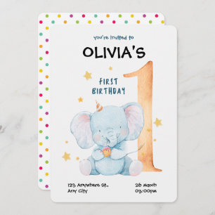 Watercolor Elephant First Birthday Invitation