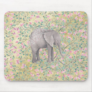 Watercolor Elephant Flowers Gold Glitter Mouse Mat