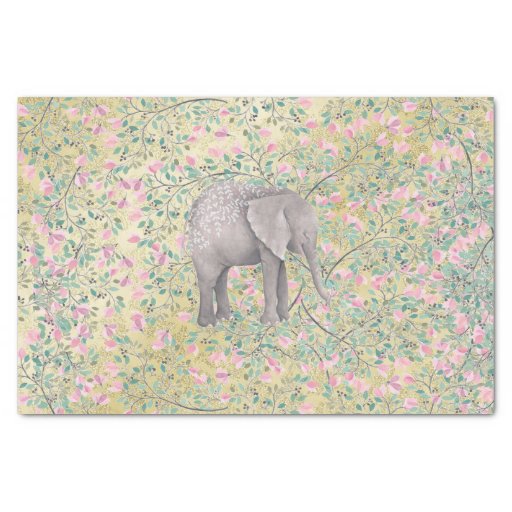 Image of Watercolor Elephant Flowers Gold Glitter Tissue Paper