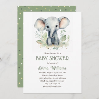 Watercolor Elephant Gender Neutral Baby Shower  Invitation
