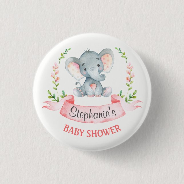 Watercolor Elephant Girl Baby Shower 3 Cm Round Badge (Front)