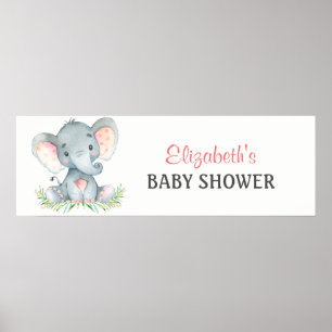 Watercolor Elephant Girl Baby Shower Banner Poster