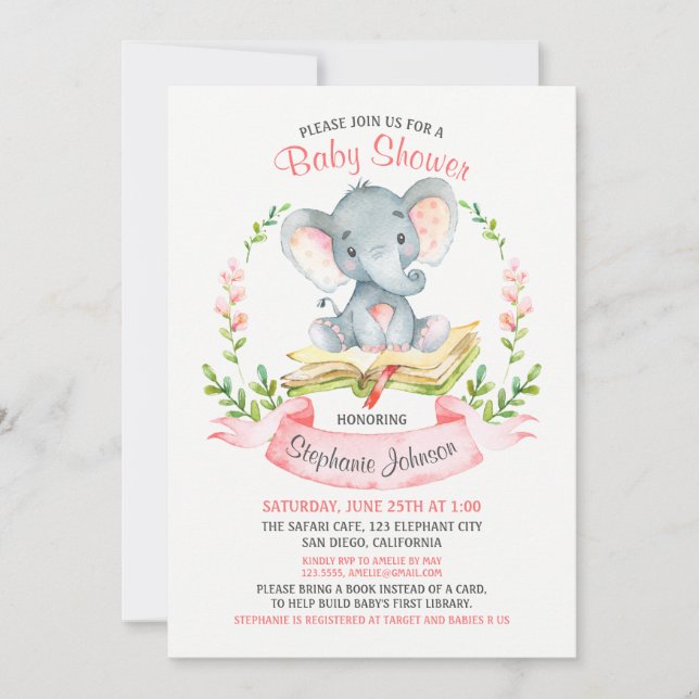 Watercolor Elephant Girl Baby Shower Book Invitation (Front)