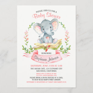 Watercolor Elephant Girl Baby Shower Book Invitation