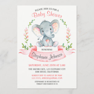 Watercolor Elephant Girl Baby Shower Invitation