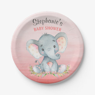 Watercolor Elephant Girl Baby Shower Paper Plate