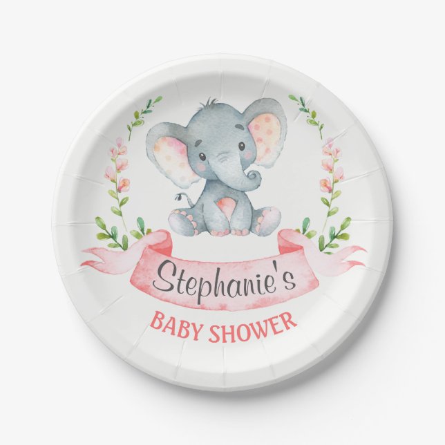 Watercolor Elephant Girl Baby Shower Paper Plate (Front)