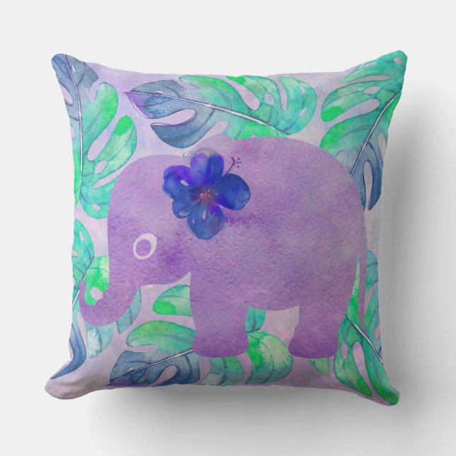 Watercolor Elephant Jungle Monstera Leaf Monogram Cushion (Front)