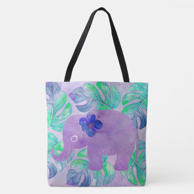 Watercolor Elephant Jungle Monstera Leaf Monogram Tote Bag (Front)