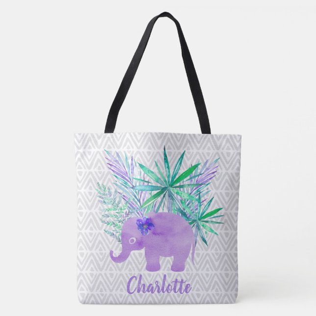 Watercolor Elephant Jungle Shibori Primitive Tote Bag (Front)