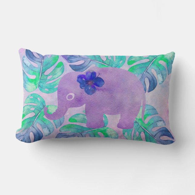 Watercolor Elephant Jungle Tropical Monstera Leaf Lumbar Cushion (Front)