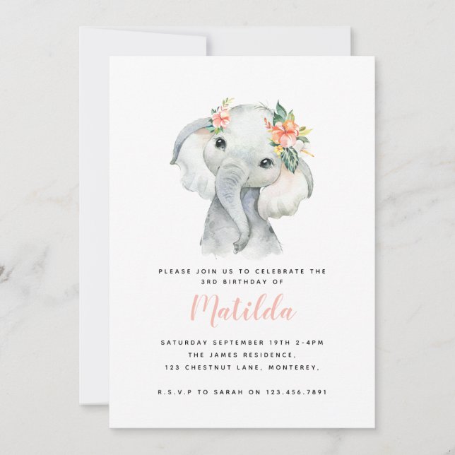 Watercolor elephant little girl birthday party (Front)