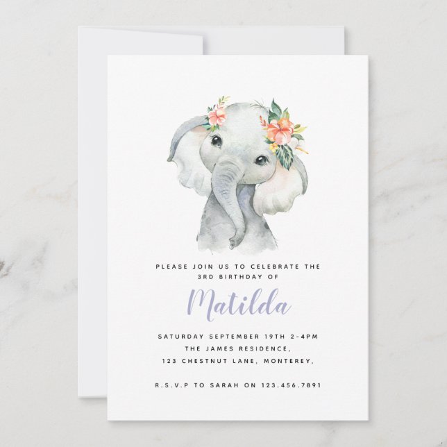 Watercolor elephant little girl birthday party (Front)