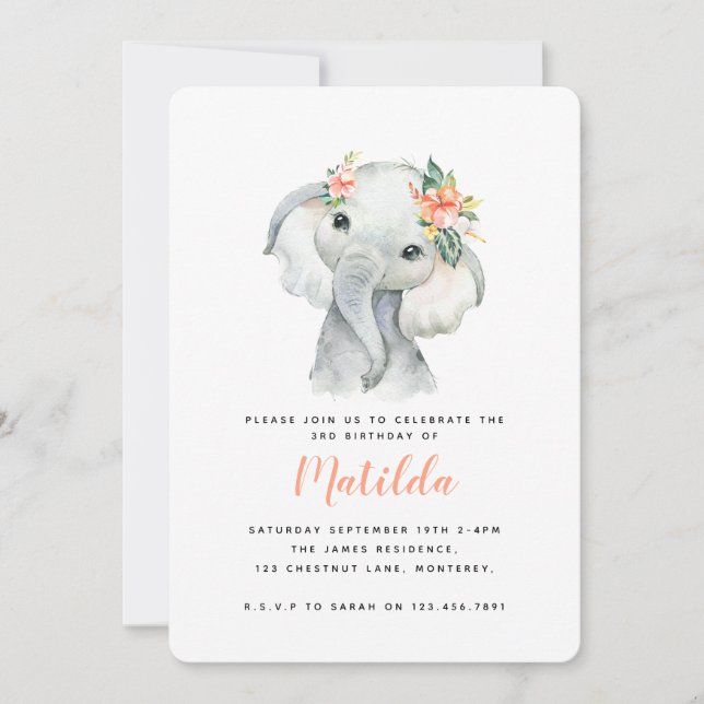 Watercolor elephant little girl birthday party (Front)