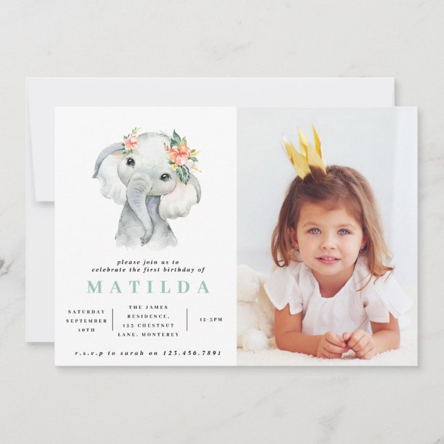 Watercolor elephant little girl birthday party (Front)