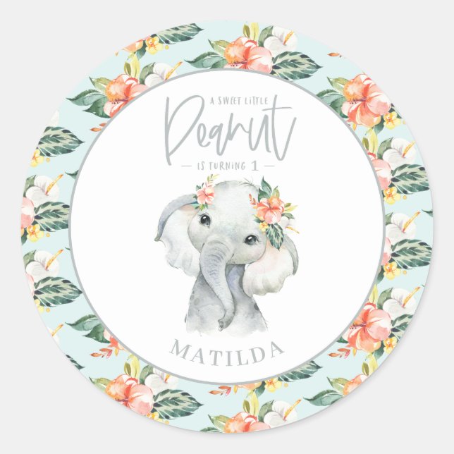 Watercolor elephant little peanut birthday party classic round sticker (Front)