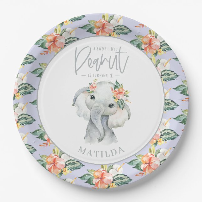 Watercolor elephant little peanut birthday party paper plate (Front)