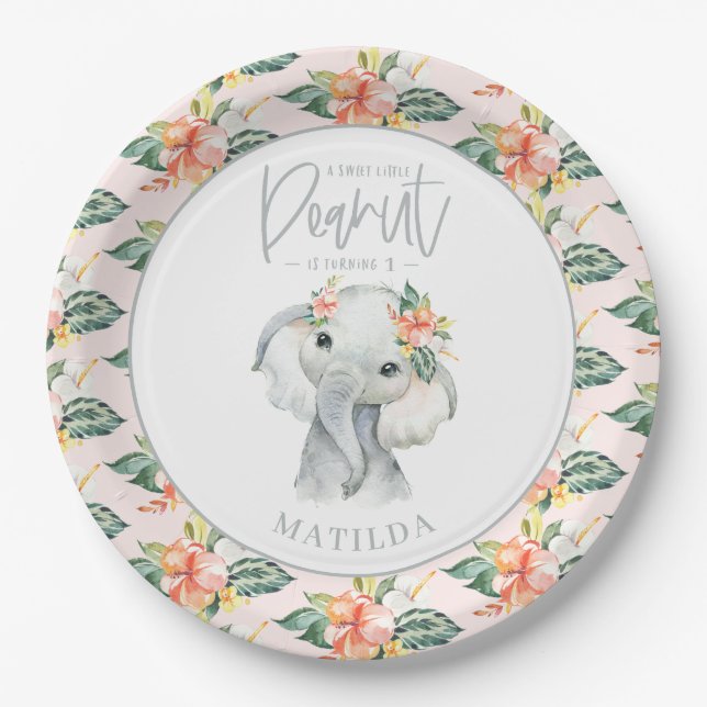 Watercolor elephant little peanut birthday party paper plate (Front)