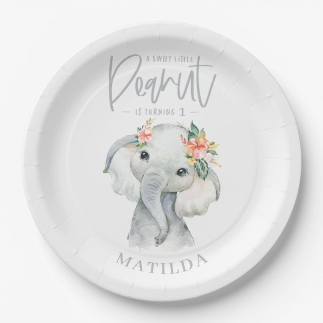 Watercolor elephant little peanut birthday party paper plate (Front)