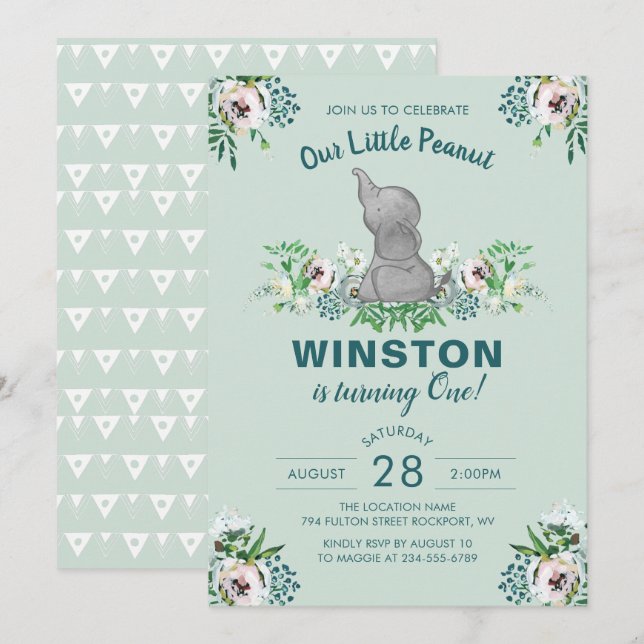 Watercolor Elephant Mint Green Floral 1st Birthday Invitation (Front/Back)