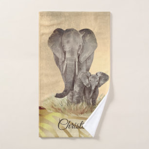 Watercolor elephant mum and baby custom name hand towel