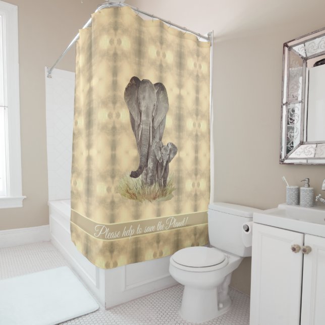 Watercolor elephant mum and baby custom name shower curtain (In Situ)
