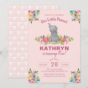 Watercolor Elephant Pink Floral Girl 1st Birthday Invitation