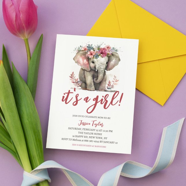 Watercolor Elephant Pink Floral Girl Baby Shower   Invitation (Creator Uploaded)